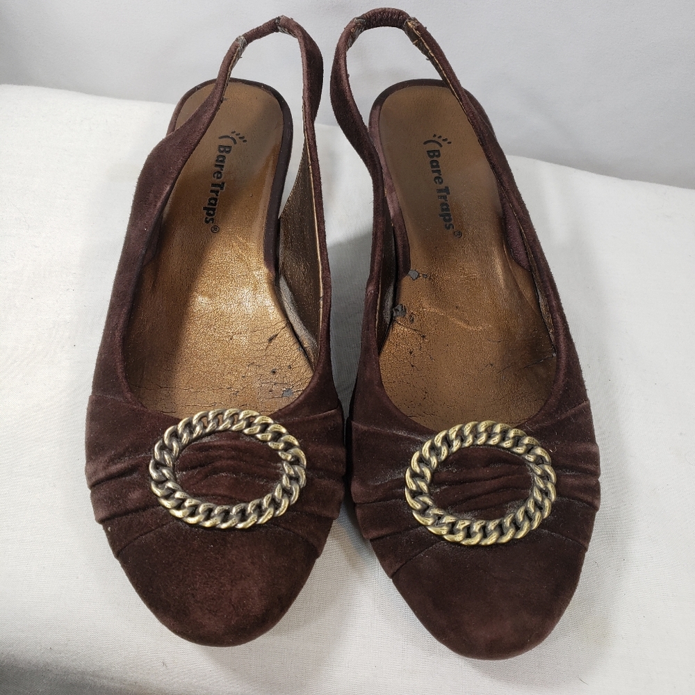 Bare Traps Seanna Brown Suede Leather Gold Accent Slingback Wedge Pumps Size 6M
